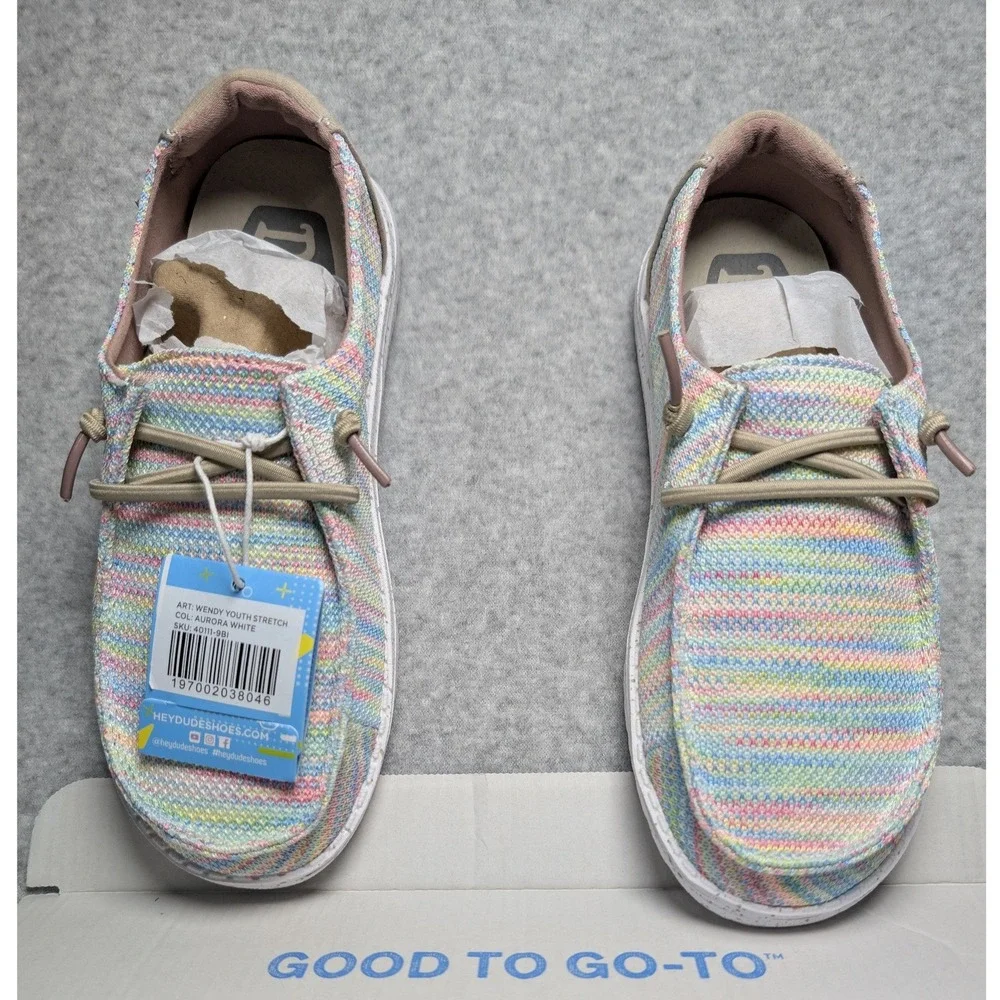 Hey Dude Wendy Youth Size 3 Stretch Aurora White Rainbow Striped Slip On Shoes